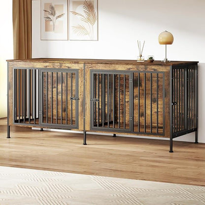 78 Inch Dog Cage Furniture for 2 Large/Medium Dogs with Removable Divider, Extra Large Double Doors Dog Kennel, XXL Thick Wooden Dog cage Furniture, Durable and Sturdy, Brown