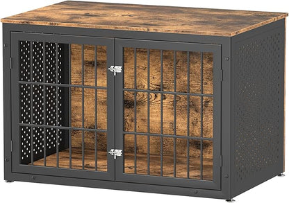 48" Rustic Heavy Duty Dog Crate Furniture for Extra Large Dogs, Metal Kennel for High Anxiety Dogs, Wooden Cage Furniture Indoor, Decorative Dog Kennel End Table, XL