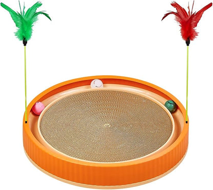 20-Inch Round Cat Scratcher with Ball Track – 3-in-1 Cardboard Cat Scratching Pad with Feather Toys, Non-Slip Base – Interactive Cat Toy for Indoor Cats, Kitten Scratch Play Lounge Board (Orange)