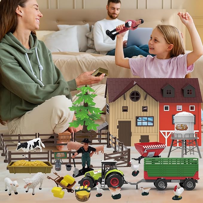 109PCS Farm Animals Toys Set Comes with Barn, Rice Storehouse, Rice Trolley, Milking shed, Farmer, Fence - Playset for Kids Toddlers Boys Girls 5+ Years Old