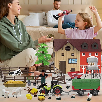 109PCS Farm Animals Toys Set Comes with Barn, Rice Storehouse, Rice Trolley, Milking shed, Farmer, Fence - Playset for Kids Toddlers Boys Girls 5+ Years Old
