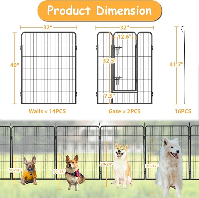 Dog Playpen, Outdoor Dog Fence, 16 Panels, 40" H Dog Pen for Medium/Small Dogs, Heavy Duty Metal Pet Fence with Gate, Portable Dog Fence for RV Camping and Yard (Black)