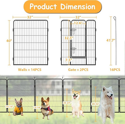 Dog Playpen, Outdoor Dog Fence, 16 Panels, 40" H Dog Pen for Medium/Small Dogs, Heavy Duty Metal Pet Fence with Gate, Portable Dog Fence for RV Camping and Yard (Black)