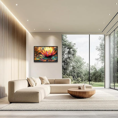 Framed Large Lotus Wall Art for Living Room, Oversized Lotus Flower Wall Decor Zen Golden Floral Canvas Painting Modern Artwork Home Decoration for Living Room Bedroom Office 36"x24"