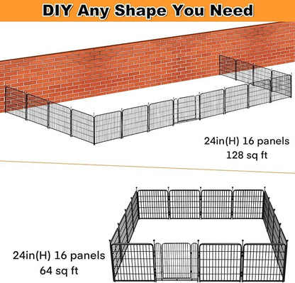 Dog Playpen 24 inch(H) 16 Panels Dog Fence Outdoor for Yard. Metal Dog Pen Heavy Duty Pet Puppy Exercise Pen for Rv Camping Garden Yard, Wide Door Low Threshold Dog Fence Total 31.4 Ft(L)