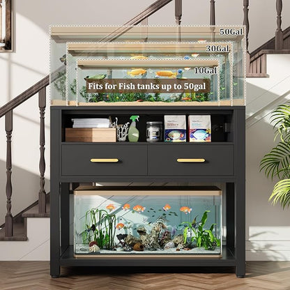 40-50 Gallon Aquarium Stand with Stable Metal Frame & Power Outlet, Heavy-Duty Fish Tank Stand with Waterproof Mat, 800LBS Capacity Storage Cabinet, Suitable for Turtle Tank, Reptile Terrarium, Black