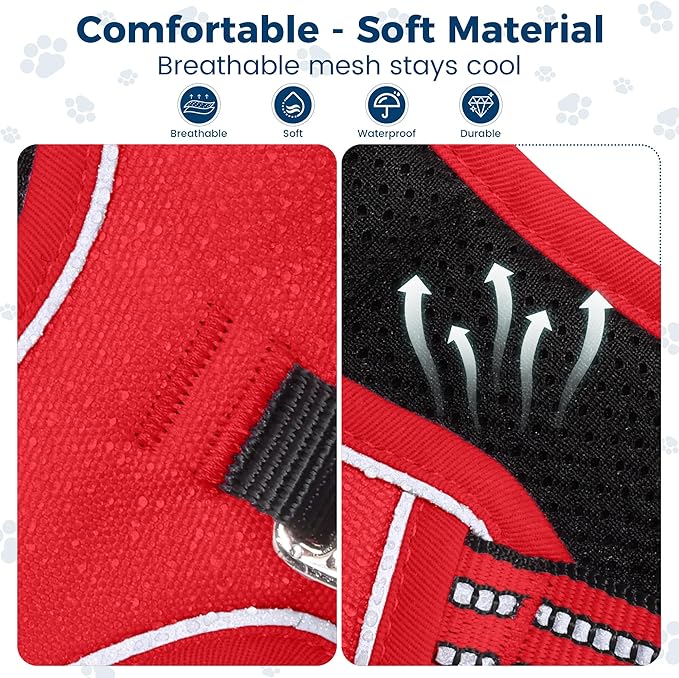 Funfox Dog Harness No Pull, Adjustable Pet Vest Harness, Super Soft Material with Vertical Handle Easy Control, Reflective Night Walking, 2 Leash Clips for Large Dogs, Red, L