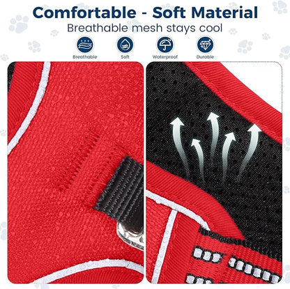 Funfox Dog Harness No Pull, Adjustable Pet Vest Harness, Super Soft Material with Vertical Handle Easy Control, Reflective Night Walking, 2 Leash Clips for Large Dogs, Red, L