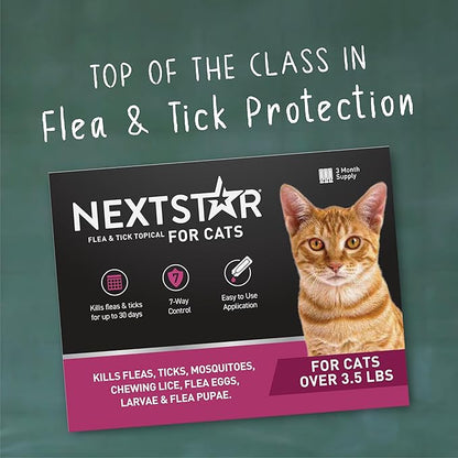 Flea and Tick Prevention for Cats, Repellent, and Control, Fast Acting Waterproof Topical Drops for Cats Over 3.5 lbs, 3 Month Dose
