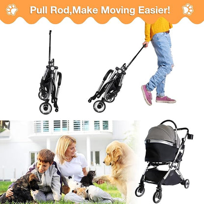 Dog Stroller for Small Medium Dogs, 3 in 1 Folding Pet Stroller Up to 33 lbs, 4 Wheels Pet Strolling Cart with Zipperless Entry, Cat Dog Travel Carrier with Telescopic Handle and Storage Basket