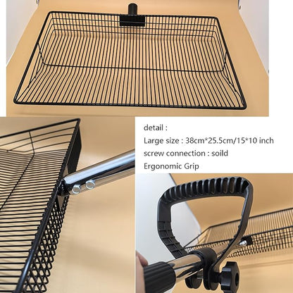 15 Inch Large Chicken coop Scoop with Ergonomic Grip Adjustable Long Handle (24-64") Chicken Poop Scooper Sifting Shovel rake Stainless Steel Metal coop Scoop (L/15 INCH)