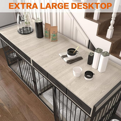 86.6inch Dog Crate Furniture with Storage,Furniture Style TV Stand Dog Kennel for 2 Dogs,with 6 Drawers,Removable Divider&Adjustable Bowls,Heavy Duty Metal Chew-Resistant Dog Crate Furniture