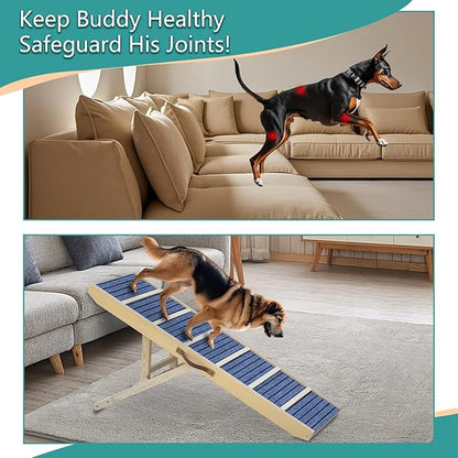 Dog Ramp for Bed, Upgraded 46.8" Long Portable Dog Ramp for Couch, Wood Folding Pet Ramp for All Breeds Large Old Dogs to Get on Bed, 5 Adjustable Heights 14.8" to 26.2" (Wood, Up to 150lbs)