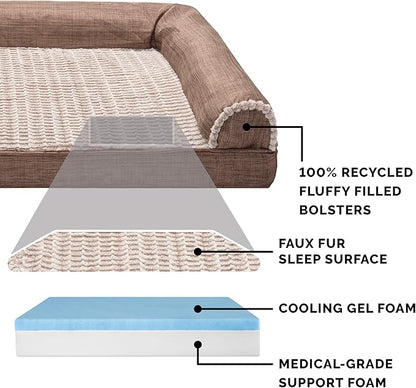 Furhaven Cooling Gel Dog Bed for Large Dogs w/ Removable Bolsters & Washable Cover, For Dogs Up to 95 lbs - Luxe Faux Fur & Performance Linen Sofa - Woodsmoke, Jumbo/XL