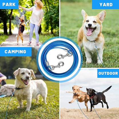 Dog Tie Out Cable - 10/15/20/25/30 FT Blue Steel Wire Cable with Durable Clips - Large Dog Lead for Outside Use - Up to 165 lbs