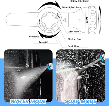 Dog Wash Hose Attachment, 10-in-1 Spray Mode Pet Shower Soap Sprayer with Grooming Comb Rubber Brush, Hose Nozzle with 100cc Soap Dispenser, for Watering, Car Wash, Dog and Horse Showering (Blue)