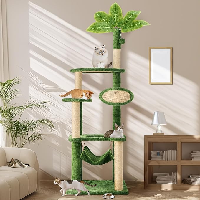 55 Inch Large Cat Tree Tower for Indoor Cats with Hammock Green Leaves Sisal Scratching Post, Plush Hang Ball Play Furniture for Kittens & Adult Cats,New Green