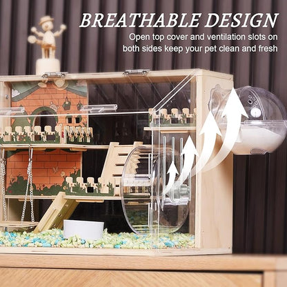 11 in 1 Wooden Hamster Cage with All Accessories, 15.8 Inch 3-Layer Dwarf Hamster Cage Acrylic,Small Animal Cages, Pastoral Style Mouse Cage for Pet Mice, Hedgehog, with Stairs, Fences and Swing
