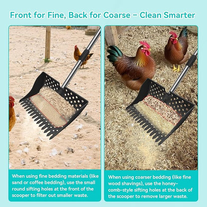 12-Inch 2-in-1 Chicken Poop Scooper & Rake – US Patent Pending – 3-Shape Sifting Holes Chicken Coop Rake，Stainless Steel Handle （20–61"）– Litter Scoop Sand & Sifting Shovel for Chicken Coops (Black)
