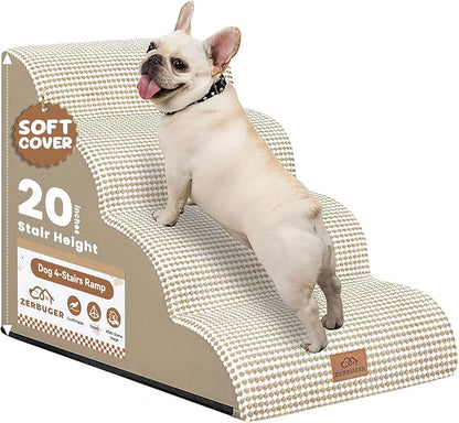 Dog Ramp and Stair for Bed 16" H-20 H,3-Step Cat Stair for Sofa and Chair,4-Step Dog Ramp for High Bed and Window,Durable Nonslip Fabric Cover for Indoor (Beige-20 H, Pet Friendly, 4)