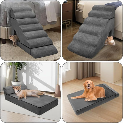 Foam Dog Stairs & Steps Ramps for High Beds 30-36 inches High Tall Large Dogs, LitaiL 7 Step Pet Stairs Steps for High Beds 30 inch Small Dogs, Non-Slip Dog Ramps for Bed