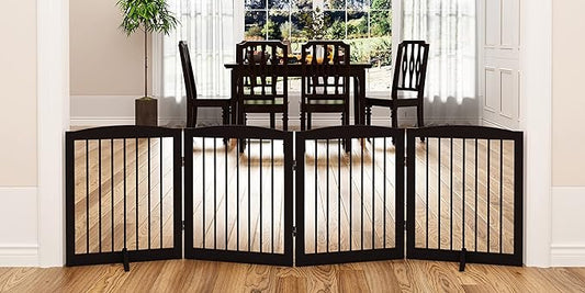 Freestanding Pet Gate for Dogs, Foldable Wooden Dog Gate for House, Indoor Dog Gate for Stair, Doorway, Gates for Dogs Indoor, 80 Inch Wide, 4 Panels 24",Brown