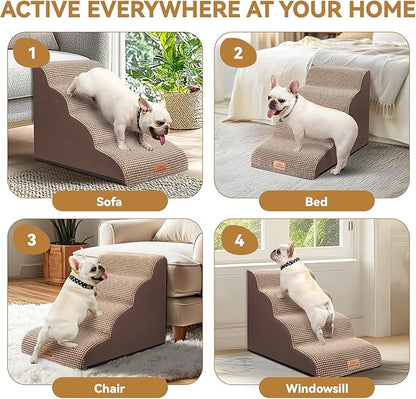 Dog Ramp and Stair for Bed 16" H-20 H,3-Step Cat Stair for Sofa and Chair,4-Step Dog Ramp for High Bed and Window,Durable Nonslip Fabric Cover for Indoor (Coffee-20 H, Pet Friendly, 4)