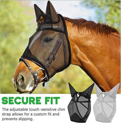 2 Pcs Horse Fly Mask with Ears Adjustable UV Protection Horse Fly Mask Accessories Large Eye Space with Ears for Horses Summer, Black and Gray, L