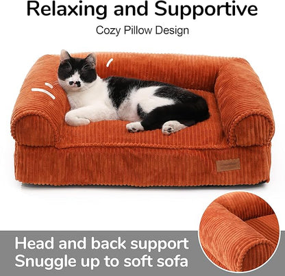 FUKUMARU Dog Couch Bed, Corduroy Cozy Cat Bed for Indoor Cats with Washable Cover, Supportive Waterproof Dog Beds Sofa for Small Dogs and Large Cats Cute, 28inch, Medium, Orange