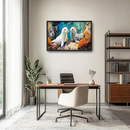 Extra Large Seal Framed Wall Art for Living Room,Oversized Underwater Animal Pictures Wall Decor,Ocean Coral Reef Canvas Print Painting Modern Artwork Bedroom Office Bathroom 36L" x 24W"