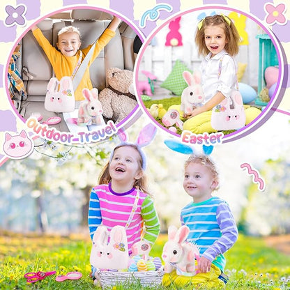 Easter Bunny Toys for Kids with Crossbody Bags, Easter Basket Stuffers Interactive Hopping Wiggle Ears Rabbit Toy, Pretend Play Robot Pet Care Cute Stuff for Girls Trip Plushies Birthday Gifts
