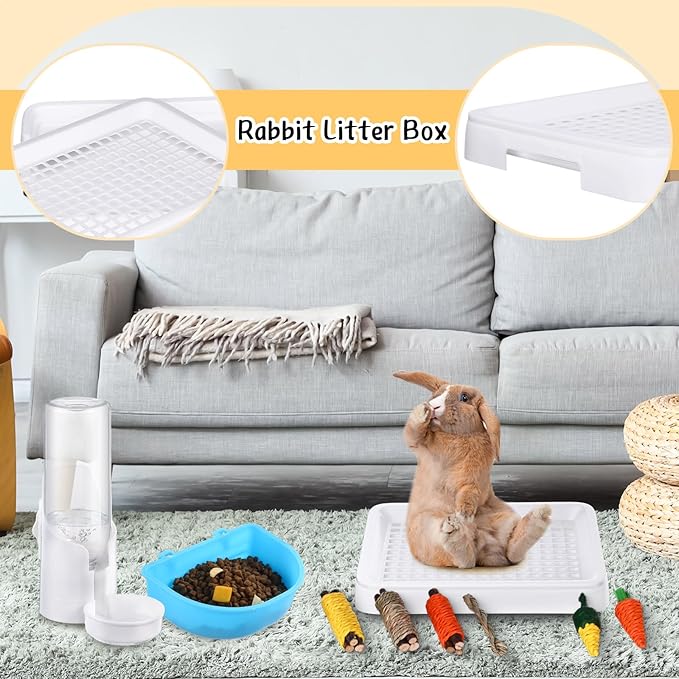 19 Pcs Rabbit Starter Kit Small Bunny Litter Box Animal Grooming Kit Water Bottle Bunny Toys Hay Feeder Bowl Blankets with Cleaning Set for Guinea Pig Rabbit Accessories (White)