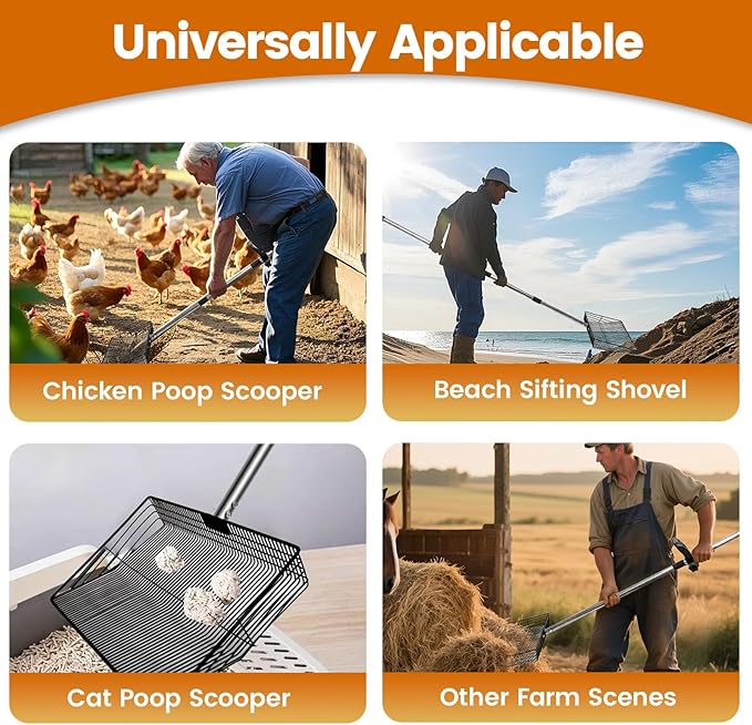 15 inch Extra Large Chicken Poop Scooper with Ergonomic Grip,5-in-1 Heavy Duty Adjustable Coop Scoop for Poop (24 to 68"), Stainless Steel Sifting Litter Shovel Scoop for Chicken Coop