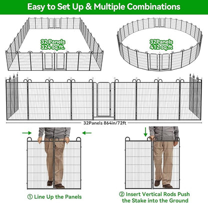 Dog Playpen Outdoor 32 Panels Heavy Duty Dog Fence 47" Height Anti-Rust with Doors Portable for RV Camping Yard, Total 71FT, 406 Sq.ft, Snowy Black