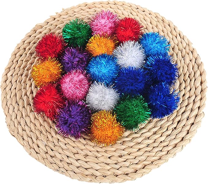 20 Pack 2 Inches Sparkle Balls for Cats, Large Size, Glitter Pom Poms Fuzzy Balls for Cats, Kitten Indoor Assorted Color Random