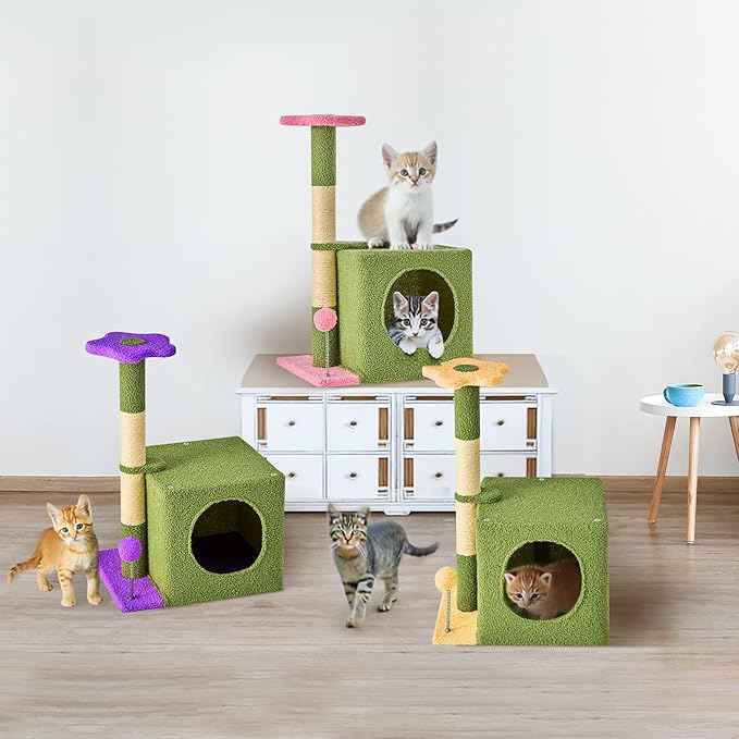 24 Inch Cat Tree Condo for Indoor Cats with Floral Sisal Scratching Post, Plush Hang Ball Play Furniture for Kittens Cats, Yellow