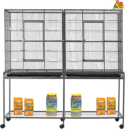 64" Extra Large Double Flight Bird Wrought Iron Double Cage Slide Out Center Divider Side Nesting Box Door Parrot Cage Cockatiel Conure with Removable Rolling Stand Storage Shelf