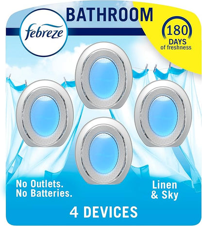 Febreze Bathroom Air Freshener, Odor-Fighting, Plug In Alternative, Air Fresheners for Home and Bathroom and Kitchen, Closet Air Fresheners, Linen & Sky Scent, 4 Count