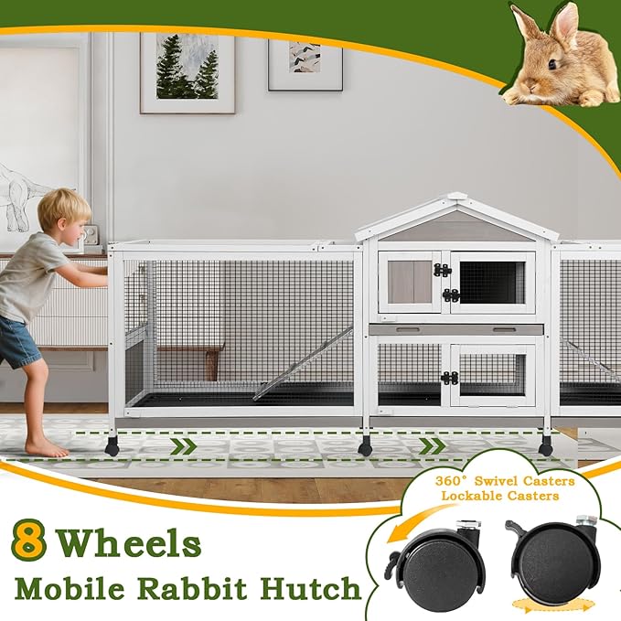 Double Rabbit Hutch Outdoor Indoor Large Bunny Cage with Dual Side Runs, 2-Story Wooden Hutch with 4 Leak Proof Trays, 8 Wheels, Waterproof Roof, Ramp, for Small to Medium Animals