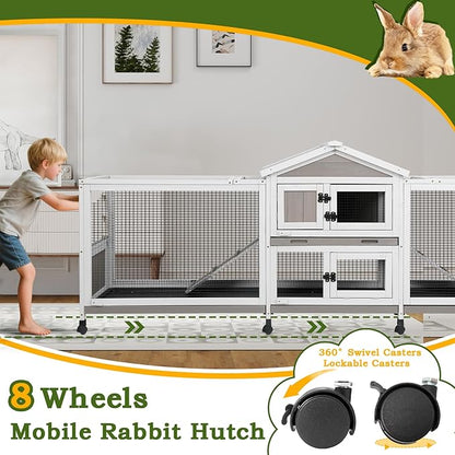Double Rabbit Hutch Outdoor Indoor Large Bunny Cage with Dual Side Runs, 2-Story Wooden Hutch with 4 Leak Proof Trays, 8 Wheels, Waterproof Roof, Ramp, for Small to Medium Animals