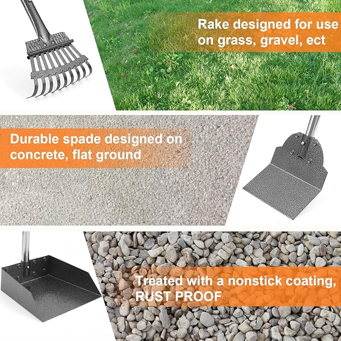 Dog Pooper Scooper, Adjustable Handle Poop Scooper with Tray,Rake and Spade Set of 3, Steel Stainless Poop Scoop for Medium Large Dogs and Pet Waste on Grass, Dirt and Gravel (Large Size)