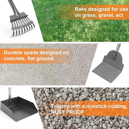 Dog Pooper Scooper, Adjustable Handle Poop Scooper with Tray,Rake and Spade Set of 3, Steel Stainless Poop Scoop for Medium Large Dogs and Pet Waste on Grass, Dirt and Gravel (Large Size)