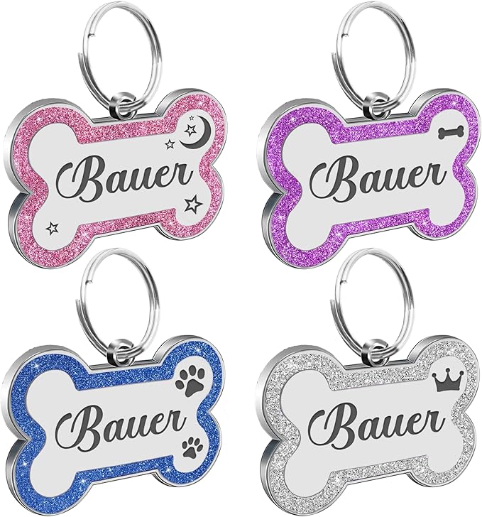 Dog Tags Personalized for Pets Dog Name Tags Personalized Dog Tag Engraved with Any Name & Text Custom Dog ID Tags Glitter Bone ID Tag for Puppy Cat (Blue S, Bone)
