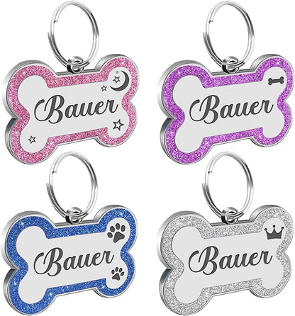 Dog Tags Personalized for Pets Dog Name Tags Personalized Dog Tag Engraved with Any Name & Text Custom Dog ID Tags Glitter Bone ID Tag for Puppy Cat (Blue L, Bone)