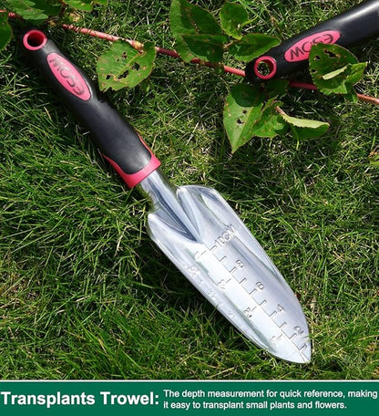 ESOW Garden Tool Set with Non-Slip Rubber Handle, 3 Piece Cast-Aluminum Heavy Duty Gardening Kit Includes Hand Trowel, Transplant Trowel and Cultivator Hand Rake, Red