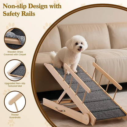 Dog Ramp for Bed, 47" Long Non-Slip Portable Pet Ramp for Small Large Dogs, Wooden Adjustable Dog Ramps for Bed, Couch, Car -Non Slip Carpet Surface and Foot Pads, Height from 12" to 24", Up to 200LBS
