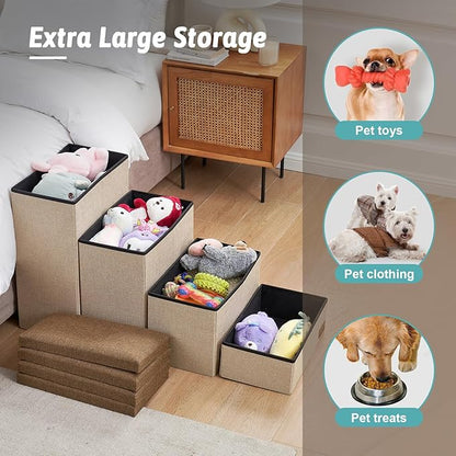 Dog Stairs with Storage, 3-Step Wider Sturdy Dog Steps for Small/Medium/Large Dogs and Older Cats, Folding Doggie Ramp for Bed/Couch/Car Hold Up to 180 lbs (16.7" H, Beige)