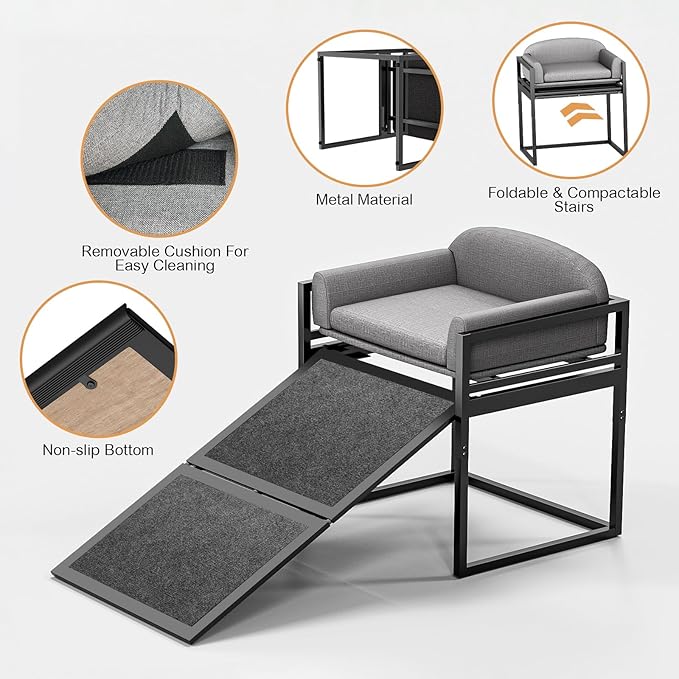 Dog Ramp Doggie Stairs with Seat Mate,Puppy Chair Get on High Bed Couch Office Window Perch,Non Slip Dachshunds Foldable Ladder,Pet Doggy Step for Small Old Dogs,Chihuahua Cat Platform Grey