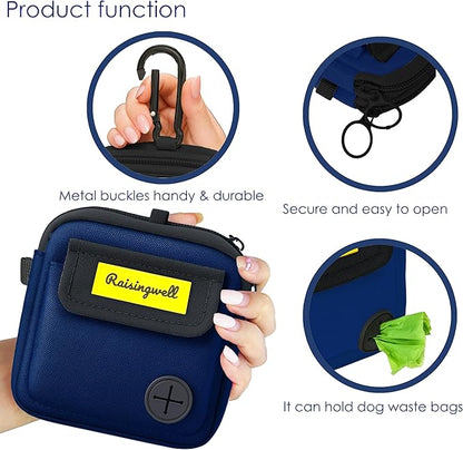 Dog Treat Pouch for Pet Walking and Training with Clicker, Poop Bags and Three Bags Design Small Fanny Zipper Pack Holder for Puppy Snack Dispenser Kit for Leash and Outdoor Use (Blue)