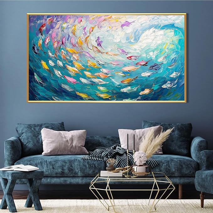 Fish Canvas Wall Art, Abstract School of Fish Canvas Wall Art, Ocean Picture Print, Sea Life Print Decor, Nautical Painting, Living Room, Bedroom, Bathroom Decor (Black Framed, 36"x20" | 92x52cm)